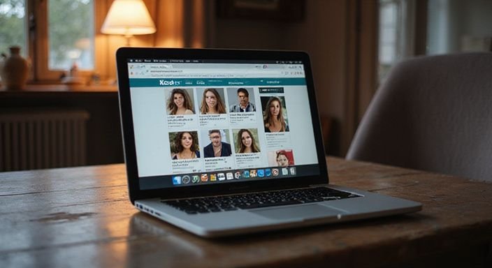 Ein Laptop zeigt eine Adult-Dating-Website auf einem Holztisch. Ein Laptop zeigt eine Adult-Dating-Website auf einem Holztisch.