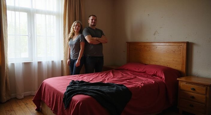 Ein Schlafzimmer mit bedrucktem Bettzeug und einem Pärchen in Ruhe. Ein Schlafzimmer mit bedrucktem Bettzeug und einem Pärchen in Ruhe.