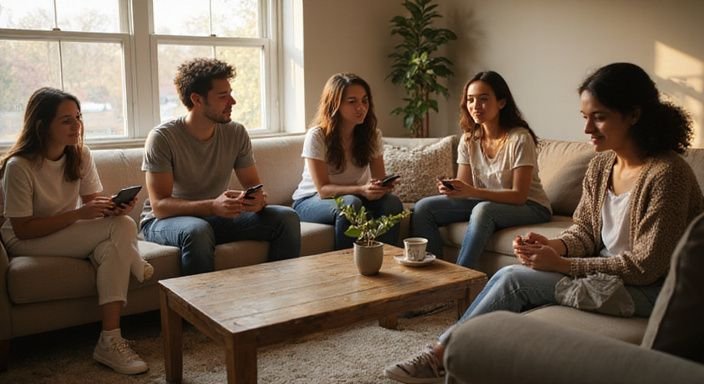 Sechs junge Erwachsene entspannen sich in einer gemütlichen Wohnzimmeratmosphäre. Sechs junge Erwachsene entspannen sich in einer gemütlichen Wohnzimmeratmosphäre.