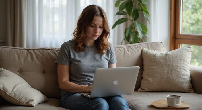 Eine Frau sitzt entspannt auf einem Sofa und nutzt ihren Laptop. Eine Frau sitzt entspannt auf einem Sofa und nutzt ihren Laptop und suche sexkontakt in Thüringen.