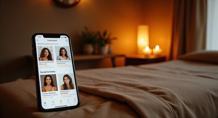 Ein einladender Raum mit einem Massagetisch und Smartphone-App-Interface. Ein einladender Raum mit einem Massagetisch und Smartphone-App-Interface.