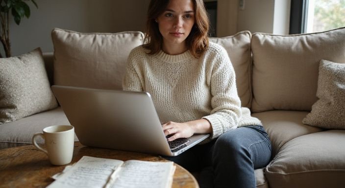 Eine Frau sitzt auf einem Sofa und arbeitet am Laptop. Eine Frau sitzt auf einem Sofa und arbeitet am Laptop.