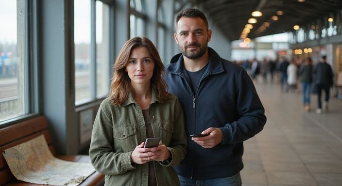 Ein Paar studiert konzentriert seine Smartphones in einem Bahnhof. Ein Paar studiert konzentriert seine Smartphones in einem Bahnhof und wollen sexkontakt in Thüringen.
