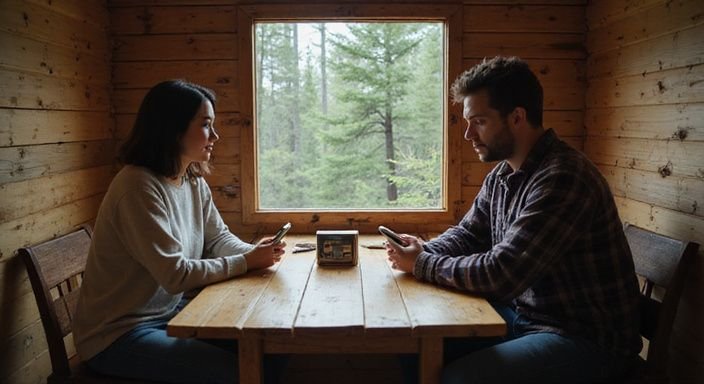 Ein Paar sitzt in einer Hütte an einem Tisch und schaut aufs Handy. Ein Paar sitzt in einer Hütte an einem Tisch und schaut aufs Handy.