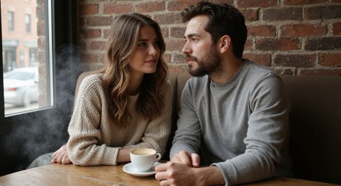 Ein Paar sitzt in einem Café und führt ein Gespräch. Ein Paar sitzt in einem Café und führt ein Gespräch.