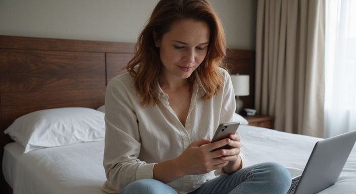 Eine Frau sitzt entspannt am Bett und nutzt ihr Smartphone. Eine Frau sitzt entspannt am Bett und nutzt ihr Smartphone.