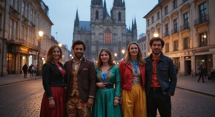 Eine Gruppe Freunde feiert Karneval in bunten Kostümen in Köln.
