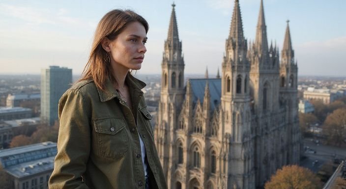Eine Frau schaut nachdenklich auf die Kölner Skyline.