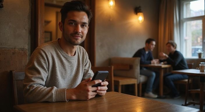 Eine Person in einem Café tippt entspannt auf ihr Smartphone.
