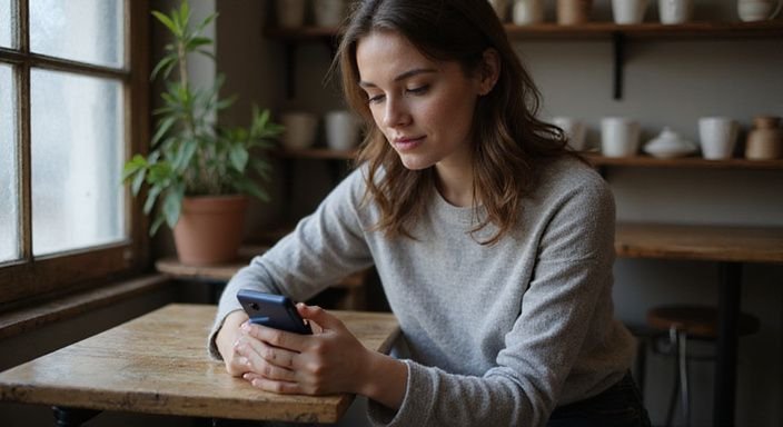 Eine Frau sitzt konzentriert mit einem Smartphone in einem gemütlichen Café und suche sexkontakte Nordrhein-Westfalen.