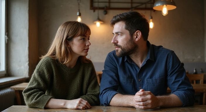 Eine Frau und ein Mann sitzen vertraulich in einem gemütlichen Café.