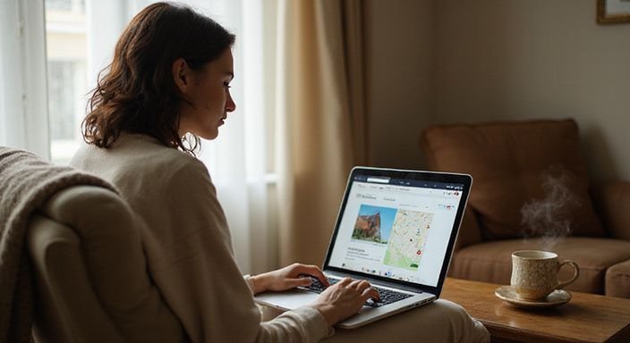 Eine Person sitzt konzentriert vor einem Laptop in einem gemütlichen Raum.