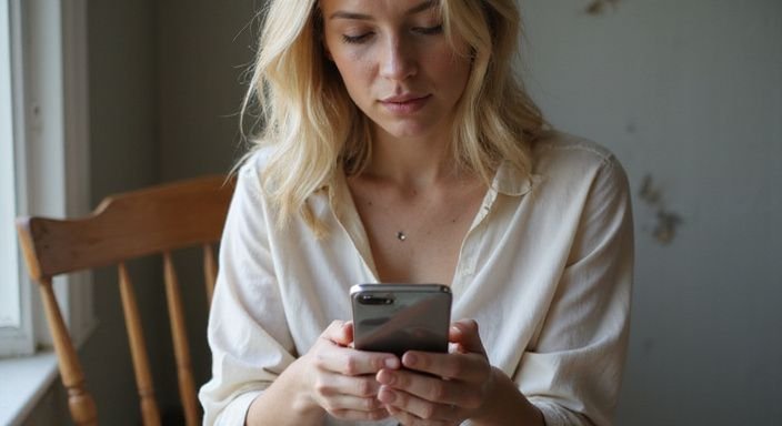 Eine Frau sitzt nachdenklich mit einem Smartphone in der Hand un dwollen sexkontakt in Mecklenburg- Vorpommern.