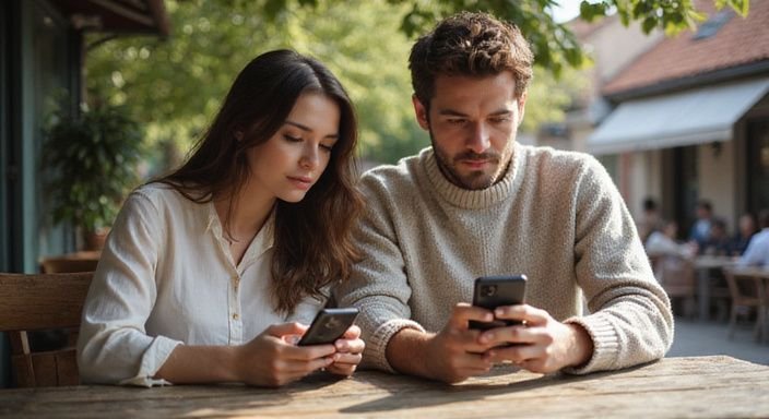 Zwei junge Erwachsene suchen auf ihre Smartphones nach Sexkontakt Saarland.