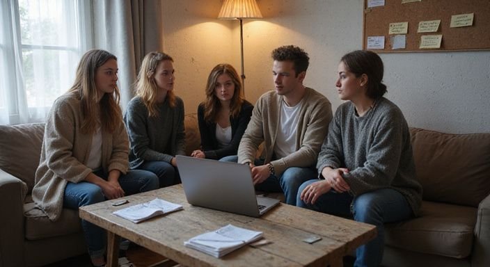 Fünf junge Erwachsene diskutieren ernsthaft über Safer Sex und rechtliche Aspekte.