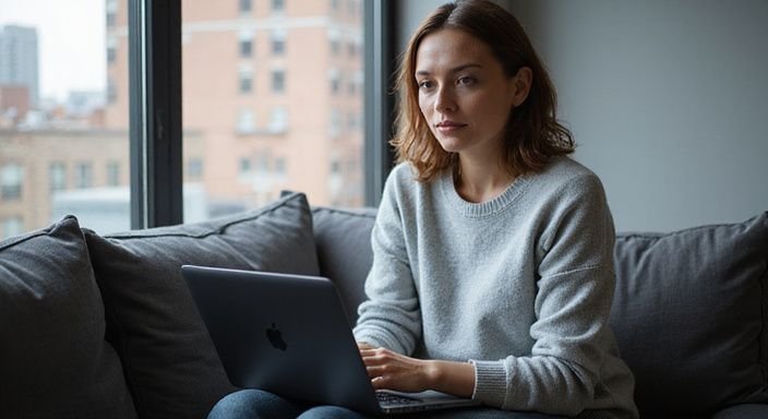 Eine Frau sitzt entspannt mit einem Laptop auf dem Schoß.