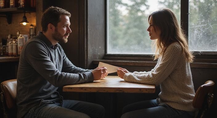Ein Paar tauscht einen Brief in einer gemütlichen Bar aus. Ein Paar tauscht einen Brief in einer gemütlichen Bar aus.