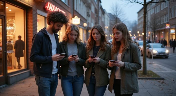 Eine Gruppe junger Erwachsener nutzt Smartphones in einer lebhaften Stadt. Eine Gruppe junger Erwachsener nutzt Smartphones in einer lebhaften Stadt und wollen sexkontakt in Sachsen.