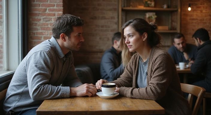 Ein Mann und eine Frau führen ein intimes Gespräch in einem Café. Ein Mann und eine Frau führen ein intimes Gespräch in einem Café.