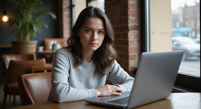 Eine junge Frau arbeitet konzentriert an ihrem Laptop in einem Café. Eine junge Frau arbeitet konzentriert an ihrem Laptop in einem Café und wollen sexkontakt in Sachsen.