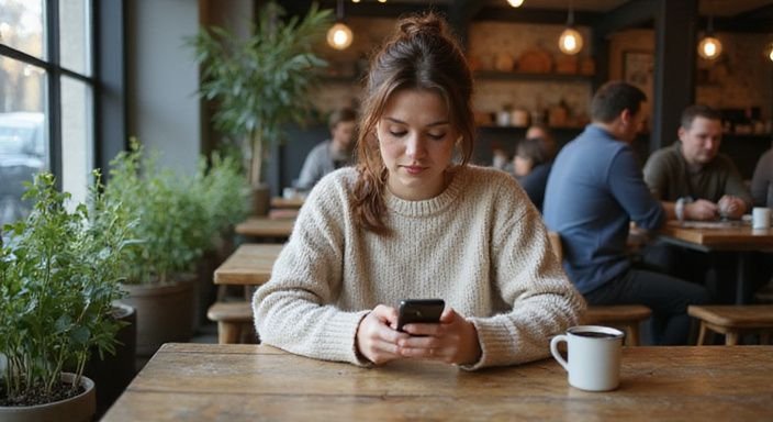 Eine Frau sitzt entspannt in einem Café und nutzt ihr Smartphone. Eine Frau sitzt entspannt in einem Café und nutzt ihr Smartphone.