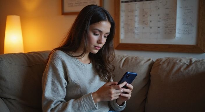 Eine junge Frau sitzt entspannt auf einem Sofa und benutzt ihr Smartphone. Eine junge Frau sitzt entspannt auf einem Sofa und benutzt ihr Smartphone.