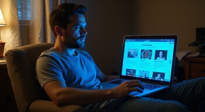 Eine Person sitzt nachdenklich in einem alten Sessel mit Laptop. Eine Person sitzt nachdenklich in einem alten Sessel mit Laptop.