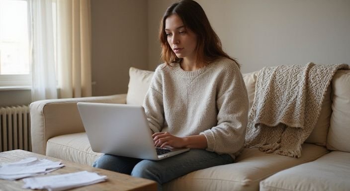 Eine junge Frau sitzt auf einem Sofa und arbeitet am Laptop. Eine junge Frau sitzt auf einem Sofa und arbeitet am Laptop.