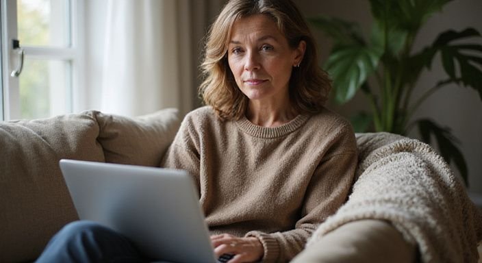 Eine mittelalte Frau sitzt entspannt mit Laptop auf dem Schoß. Eine mittelalte Frau sitzt entspannt mit Laptop auf dem Schoß.