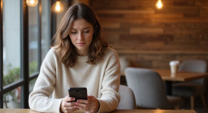 Eine Frau in einem Café konzentriert sich auf ihr Smartphone. Eine Frau in einem Café konzentriert sich auf ihr Smartphone und suche sexkontakt in Sachsen.