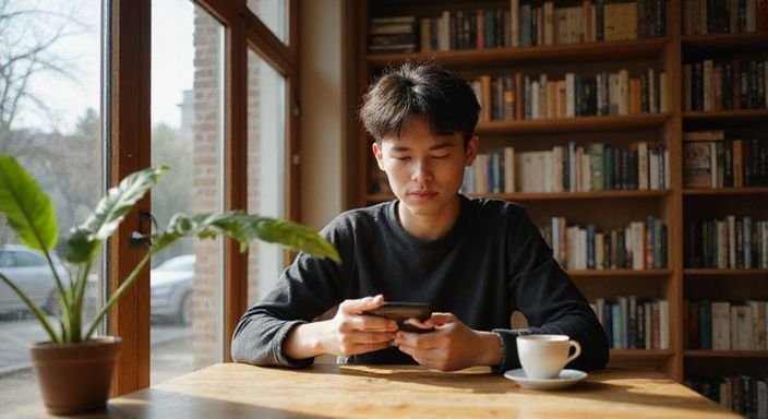 Eine junge Person sitzt entspannt mit einem Smartphone in einem Café. Eine junge Person sitzt entspannt mit einem Smartphone in einem Café und suche sexkontakt in Sachsen.