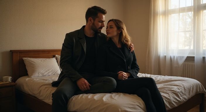 Ein Paar sitzt vertraut auf einem Bett in einem schlichten Schlafzimmer und wollen sexkontakt in Bayern.