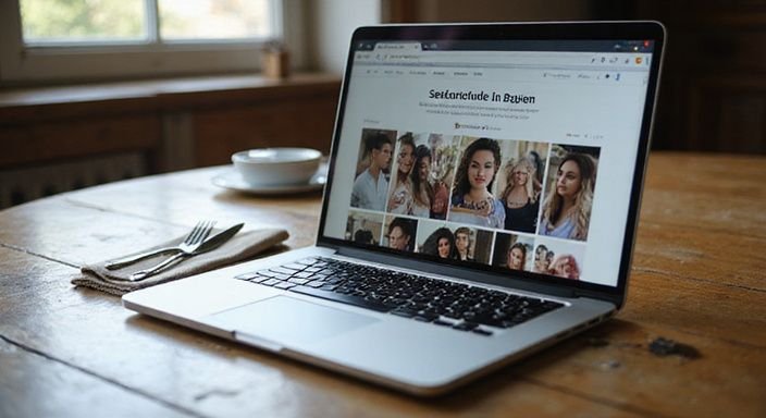 Ein Laptop zeigt eine Dating-Website für Bayern auf einem Holzschreibtisch.