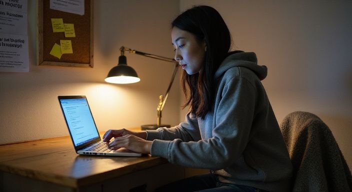 Eine junge Frau arbeitet konzentriert an ihrem Laptop an einem Schreibtisch und suche sexkontakt in Bayern.