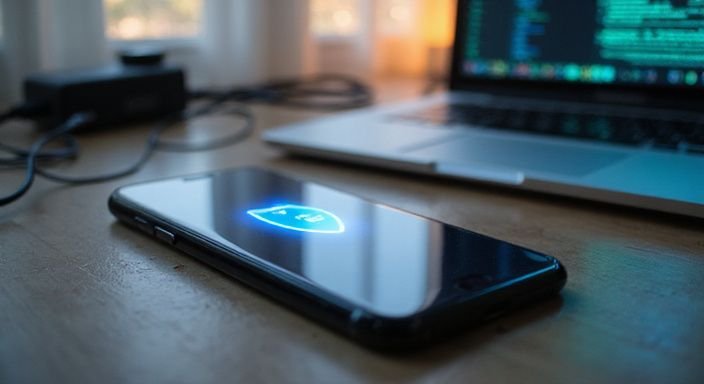 Ein Smartphone zeigt aktiv das VPN-Symbol auf einem Holztisch.