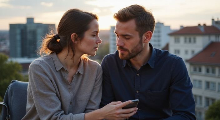 Ein Paar sitzt eng zusammen, konzentriert auf ihre Smartphones. Ein Paar sitzt eng zusammen, konzentriert auf ihre Smartphones.