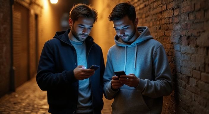 Zwei Personen stehen in einer schmalen Gasse und nutzen Smartphones. Zwei Personen stehen in einer schmalen Gasse und nutzen Smartphones.