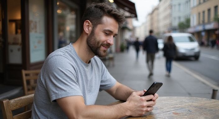 Ein Mann in einem Café scrollt durch eine Dating-App. Ein Mann in einem Café scrollt durch eine Dating-App.
