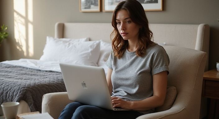 Eine Frau arbeitet konzentriert am Laptop in ihrem Schlafzimmer. Eine Frau arbeitet konzentriert am Laptop in ihrem Schlafzimmer und suche sexkontakt in Stuttgart.