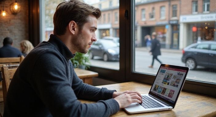Eine Person arbeitet konzentriert an einem Laptop in einem Café. Eine Person arbeitet konzentriert an einem Laptop in einem Café und suche sexkontakt in Stuttgart.