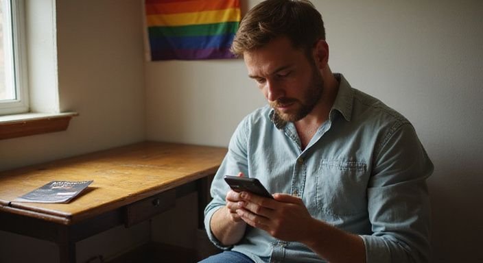 Ein Mann scrollt konzentriert auf seinem Smartphone in einem gemütlichen Raum. Ein Mann scrollt konzentriert auf seinem Smartphone in einem gemütlichen Raum.
