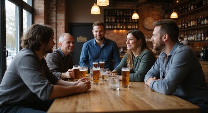 Gruppe von Freunden genießt Gespräche in einem einladenden Barambiente. Gruppe von Freunden genießt Gespräche in einem einladenden Barambiente.