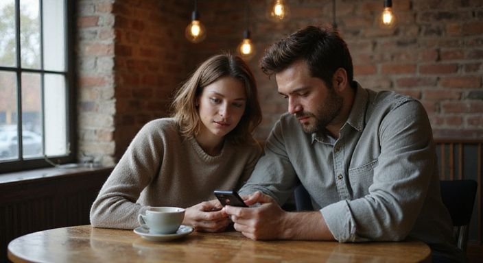 Ein Paar sitzt in einem Café und diskutiert intensiv über Smartphones. Ein Paar sitzt in einem Café und diskutiert intensiv über sexkontakt in Stuttgart.
