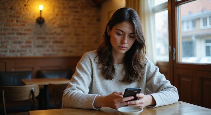 Eine Frau sitzt konzentriert in einem Café und benutzt ihr Smartphone. Eine Frau sitzt konzentriert in einem Café und benutzt ihr Smartphone.