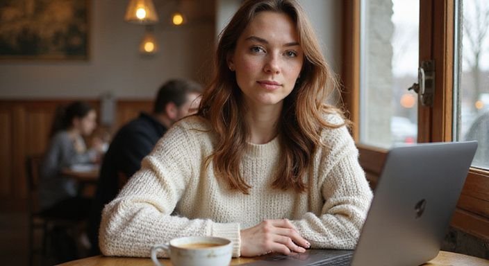 Eine junge Frau genießt Kaffee und arbeitet konzentriert am Laptop. Eine junge Frau genießt Kaffee und suche am Laptop nach sexkontakt in Stuttgart.