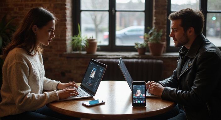Zwei Personen in einem Café verwenden Laptops und Smartphones für digitale Kommunikation. Zwei Personen in einem Café verwenden Laptops und Smartphones für digitale Kommunikation.