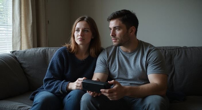 Ein junges Paar entspannt auf einer Couch mit einem VR-Headset. Ein junges Paar entspannt auf einer Couch mit einem VR-Headset.